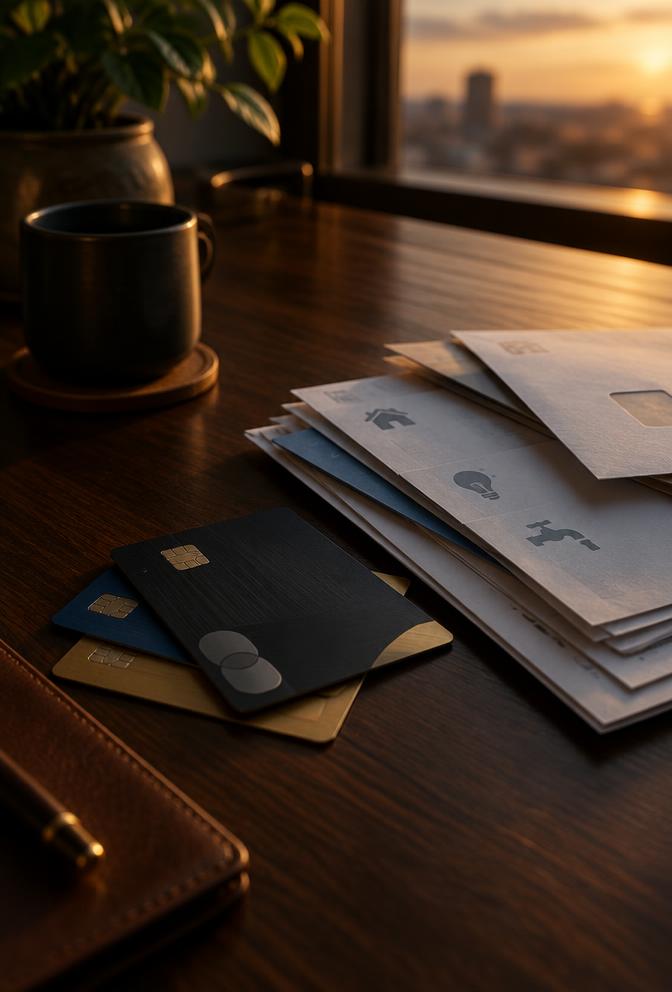 Credit cards and household bills in warm evening light