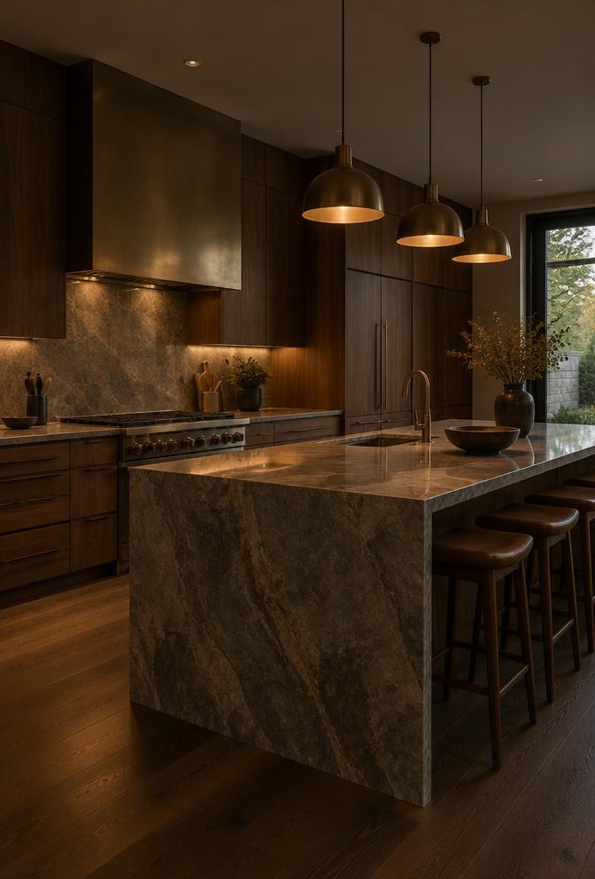 Renovated kitchen with warm pendant lights